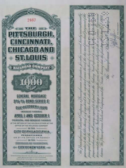 1944 Pittsburgh Cincinnati Chicago and St Louis Railroad Company, $1000 Bond Certificate 2467