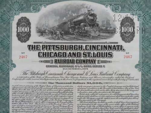 1944 Pittsburgh Cincinnati Chicago and St Louis Railroad Company, $1000 Bond Certificate 2467