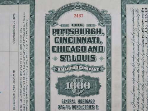 1944 Pittsburgh Cincinnati Chicago and St Louis Railroad Company, $1000 Bond Certificate 2467