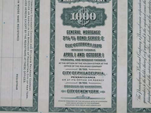 1944 Pittsburgh Cincinnati Chicago and St Louis Railroad Company, $1000 Bond Certificate 2467