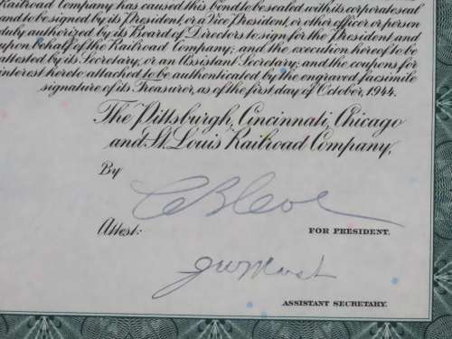 1944 Pittsburgh Cincinnati Chicago and St Louis Railroad Company, $1000 Bond Certificate 2467