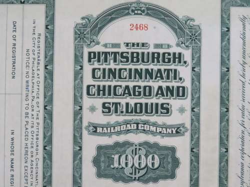 1944 Pittsburgh Cincinnati Chicago and St Louis Railroad Company, $1000 Bond Certificate 2468