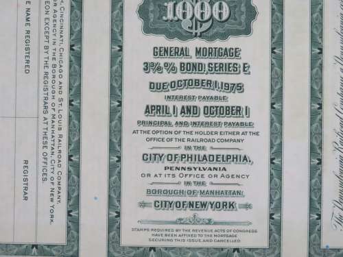 1944 Pittsburgh Cincinnati Chicago and St Louis Railroad Company, $1000 Bond Certificate 2468