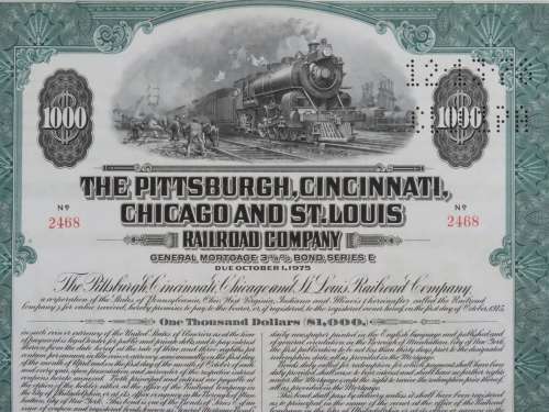 1944 Pittsburgh Cincinnati Chicago and St Louis Railroad Company, $1000 Bond Certificate 2468