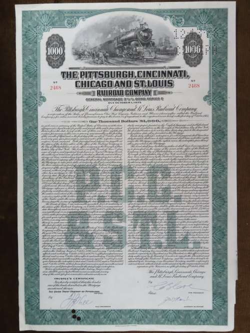 1944 Pittsburgh Cincinnati Chicago and St Louis Railroad Company, $1000 Bond Certificate 2468