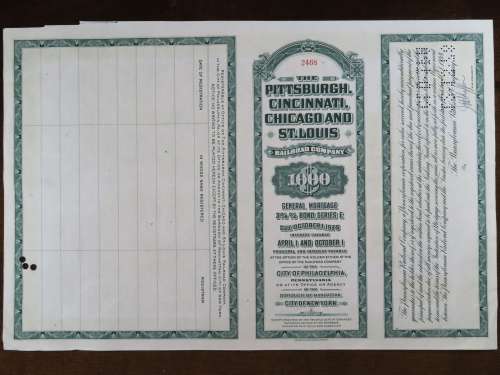 1944 Pittsburgh Cincinnati Chicago and St Louis Railroad Company, $1000 Bond Certificate 2468