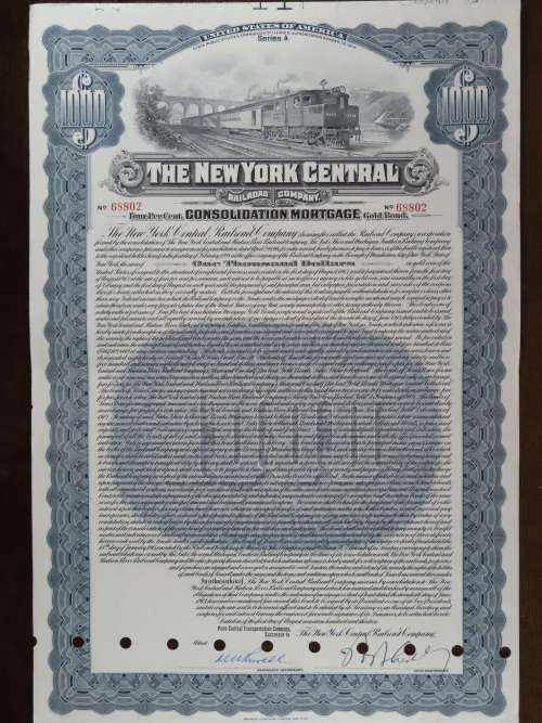 1913 The New York Central Railroad Company, $1000 Gold Bond Certificate 68802