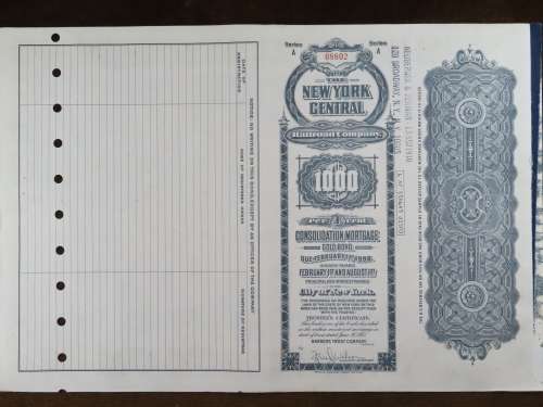 1913 The New York Central Railroad Company, $1000 Gold Bond Certificate 68802