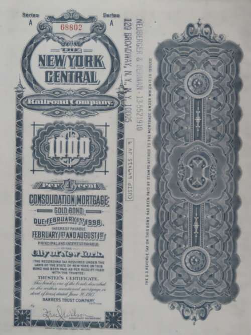 1913 The New York Central Railroad Company, $1000 Gold Bond Certificate 68802