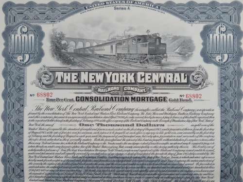 1913 The New York Central Railroad Company, $1000 Gold Bond Certificate 68802