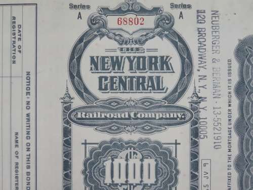 1913 The New York Central Railroad Company, $1000 Gold Bond Certificate 68802
