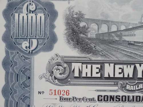 1913 The New York Central Railroad Company, $1000 Gold Bond Certificate 51026