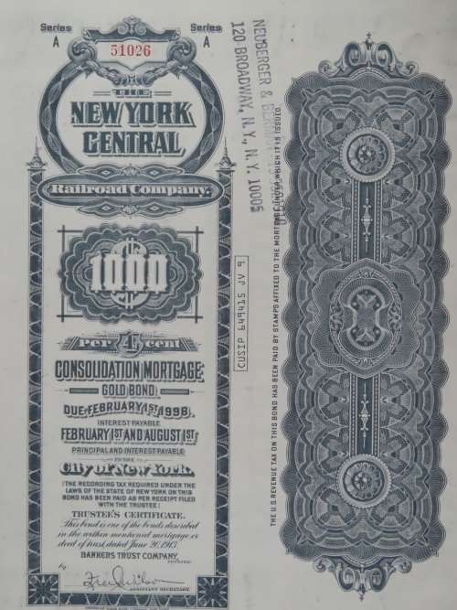1913 The New York Central Railroad Company, $1000 Gold Bond Certificate 51026