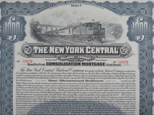 1913 The New York Central Railroad Company, $1000 Gold Bond Certificate 51026