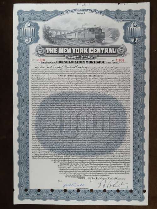 1913 The New York Central Railroad Company, $1000 Gold Bond Certificate 51026