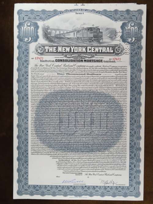 1913 The New York Central Railroad Company, $1000 Gold Bond Certificate 17872