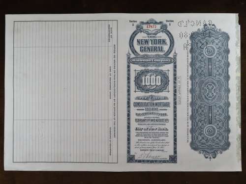 1913 The New York Central Railroad Company, $1000 Gold Bond Certificate 17872
