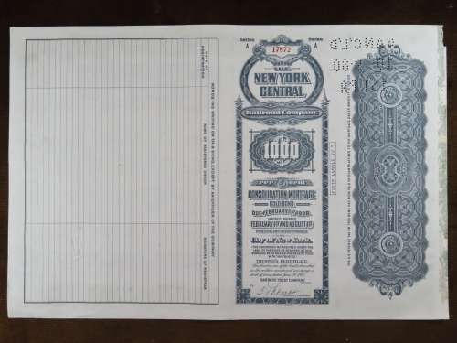 1913 The New York Central Railroad Company, $1000 Gold Bond Certificate 17872