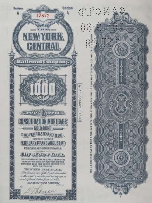 1913 The New York Central Railroad Company, $1000 Gold Bond Certificate 17872