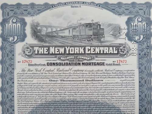 1913 The New York Central Railroad Company, $1000 Gold Bond Certificate 17872