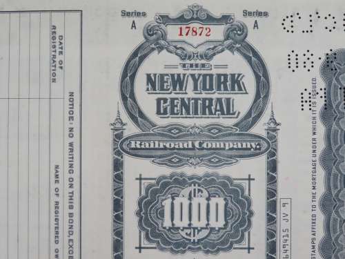 1913 The New York Central Railroad Company, $1000 Gold Bond Certificate 17872