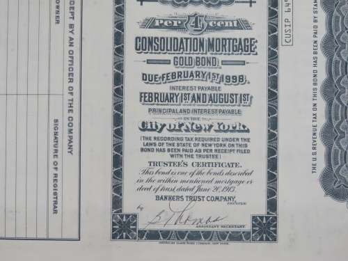 1913 The New York Central Railroad Company, $1000 Gold Bond Certificate 17872