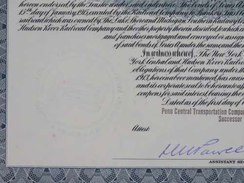 1913 The New York Central Railroad Company, $1000 Gold Bond Certificate 17872