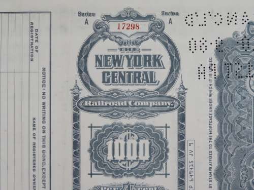1913 The New York Central Railroad Company, $1000 Gold Bond Certificate 17298