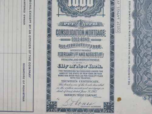 1913 The New York Central Railroad Company, $1000 Gold Bond Certificate 17298