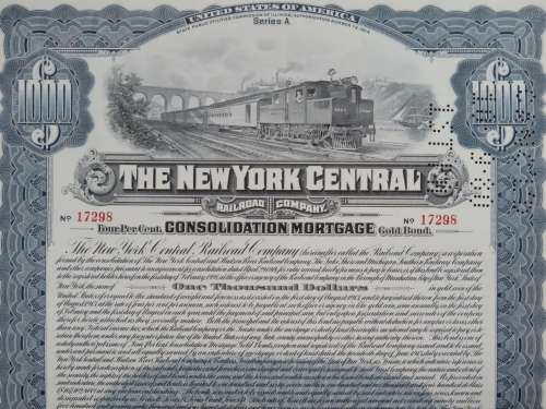 1913 The New York Central Railroad Company, $1000 Gold Bond Certificate 17298