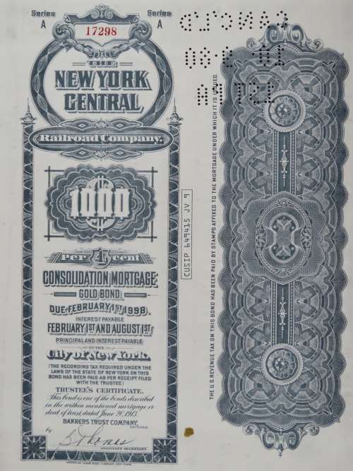 1913 The New York Central Railroad Company, $1000 Gold Bond Certificate 17298