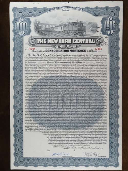 1913 The New York Central Railroad Company, $1000 Gold Bond Certificate 17298