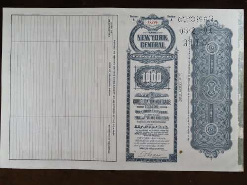 1913 The New York Central Railroad Company, $1000 Gold Bond Certificate 17298