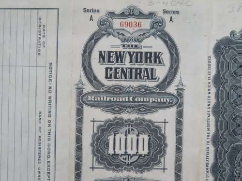 1913 The New York Central Railroad Company, $1000 Gold Bond Certificate 69036
