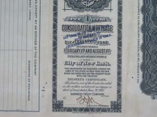 1913 The New York Central Railroad Company, $1000 Gold Bond Certificate 69036
