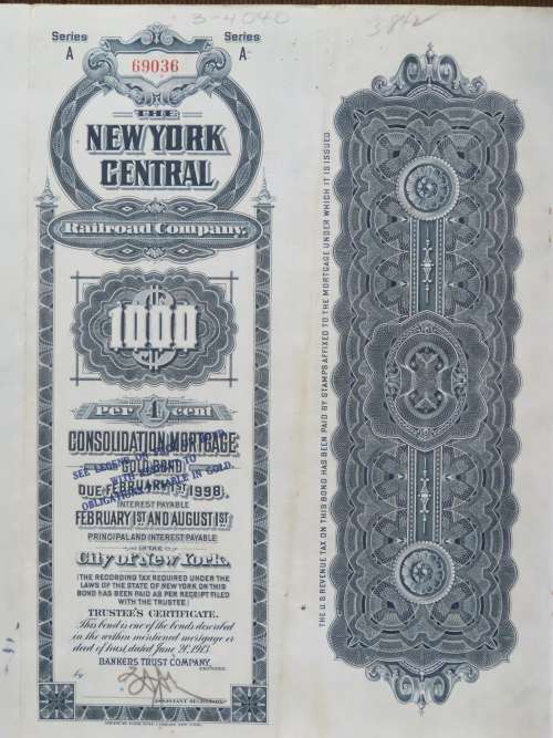 1913 The New York Central Railroad Company, $1000 Gold Bond Certificate 69036