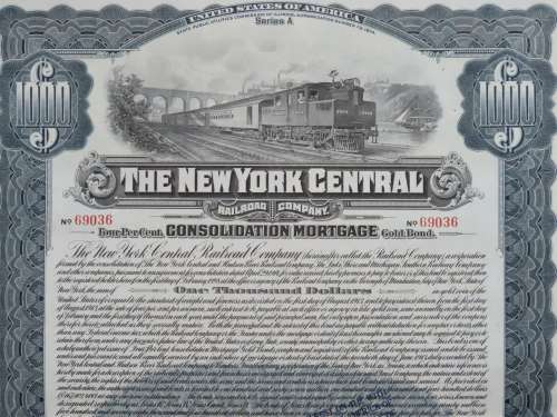 1913 The New York Central Railroad Company, $1000 Gold Bond Certificate 69036
