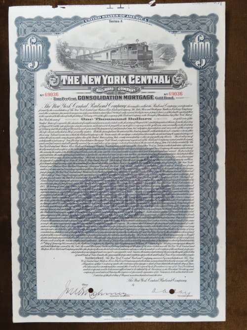 1913 The New York Central Railroad Company, $1000 Gold Bond Certificate 69036