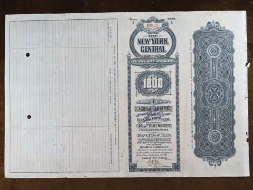 1913 The New York Central Railroad Company, $1000 Gold Bond Certificate 69036