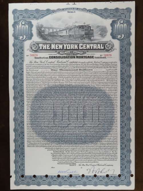 1913 The New York Central Railroad Company, $1000 Gold Bond Certificate 50979