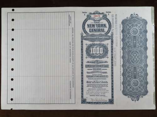 1913 The New York Central Railroad Company, $1000 Gold Bond Certificate 50979