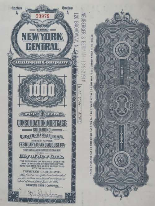 1913 The New York Central Railroad Company, $1000 Gold Bond Certificate 50979