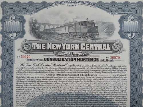 1913 The New York Central Railroad Company, $1000 Gold Bond Certificate 50979