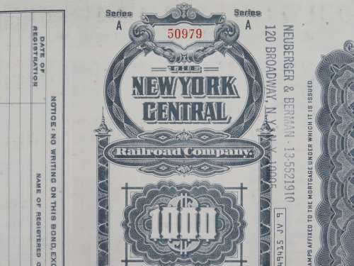 1913 The New York Central Railroad Company, $1000 Gold Bond Certificate 50979