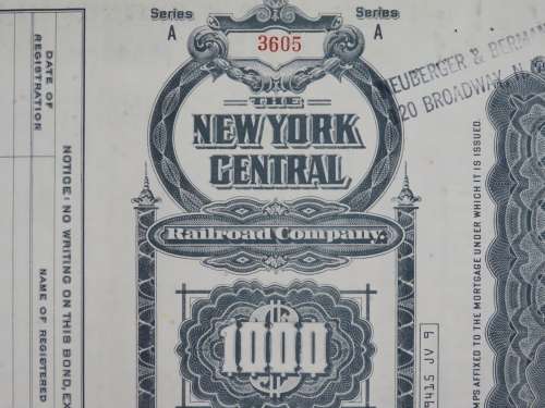 1913 The New York Central Railroad Company, $1000 Gold Bond Certificate 3605
