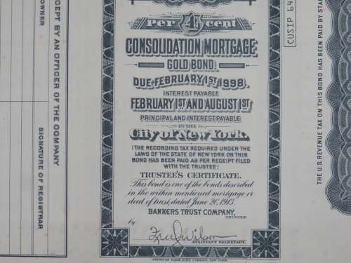1913 The New York Central Railroad Company, $1000 Gold Bond Certificate 3605