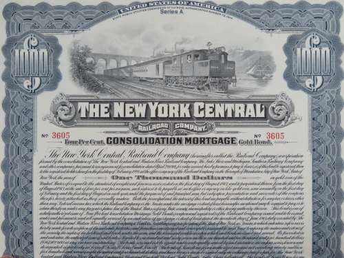 1913 The New York Central Railroad Company, $1000 Gold Bond Certificate 3605