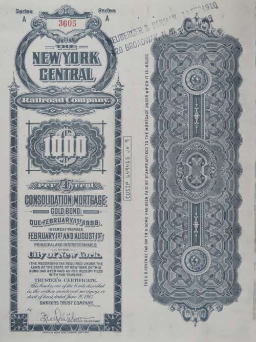 1913 The New York Central Railroad Company, $1000 Gold Bond Certificate 3605