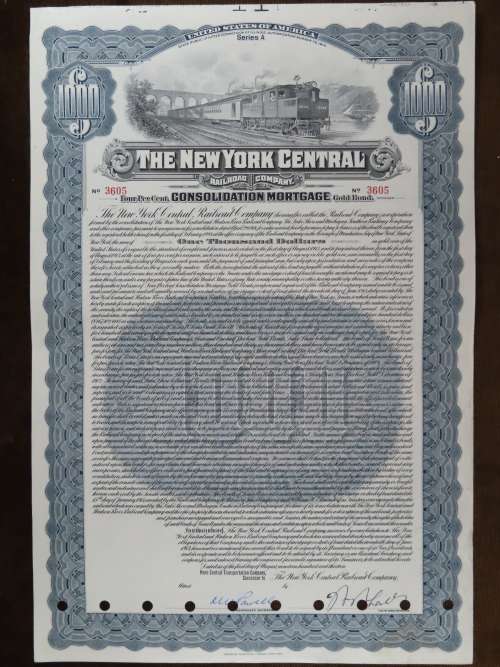 1913 The New York Central Railroad Company, $1000 Gold Bond Certificate 3605