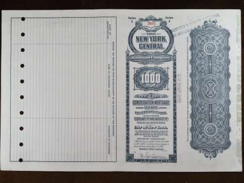 1913 The New York Central Railroad Company, $1000 Gold Bond Certificate 3605